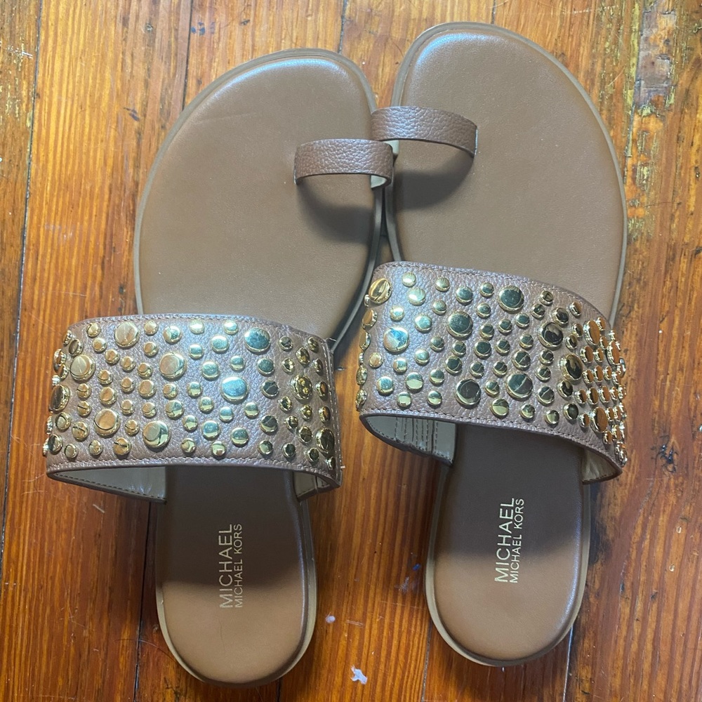 Michael Kors Gold Studded Brown Sandals